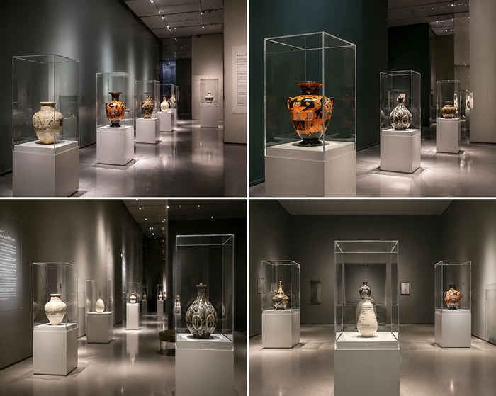 Exposition d'art avec des vitrines en plexiglass sur mesure pour protéger les œuvres