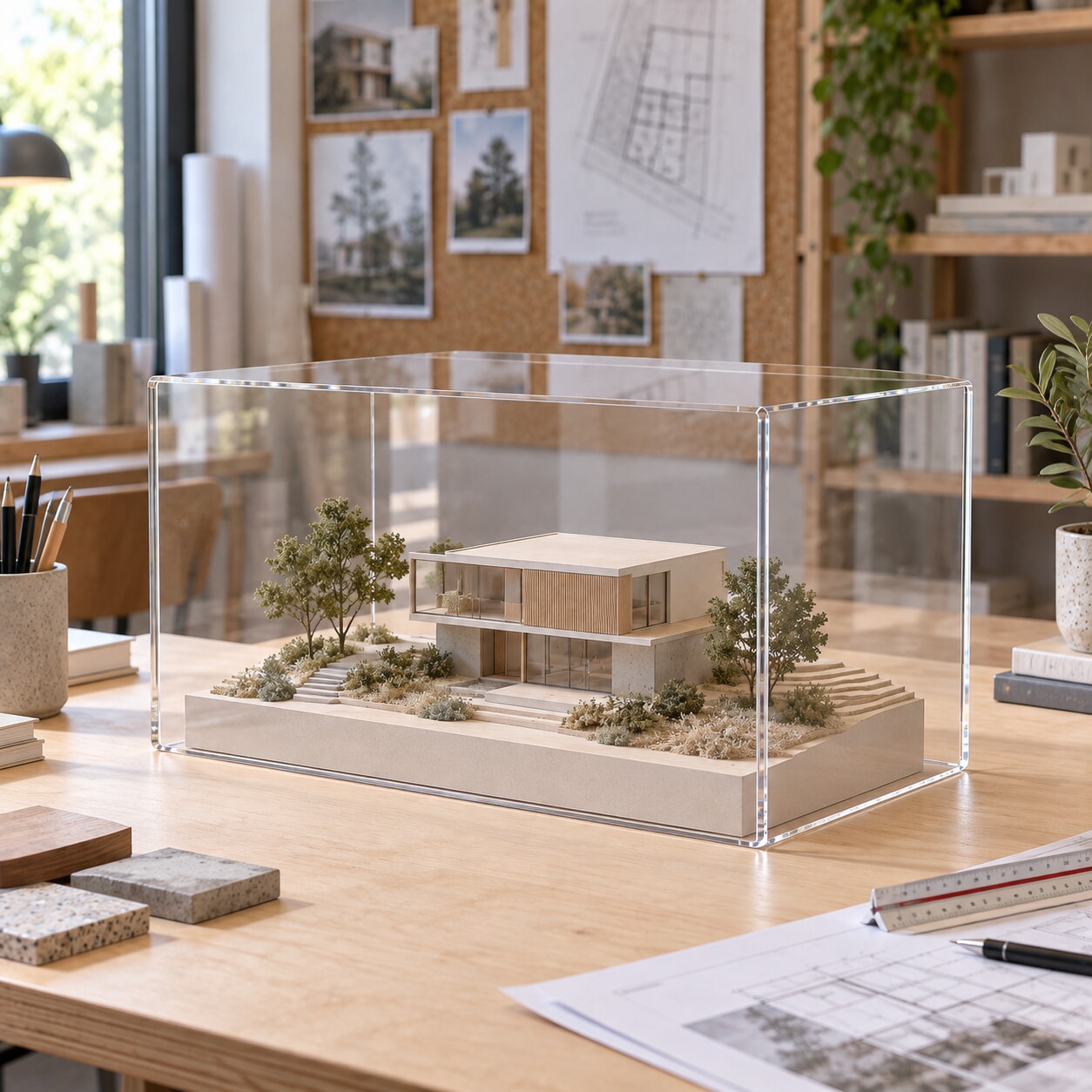 Miniature Vitrine en Plexiglass transparent 4 mm protégeant une maquette d’architecture