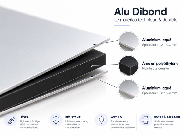 Composition d'un panneau aluminium composite Alu Dibond avec deux parements aluminium et une âme en polyéthylène