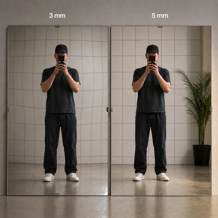 Comparaison du reflet d'une plaque miroir acrylique en 3 mm et en 5 mm pour montrer la différence de déformation optique
