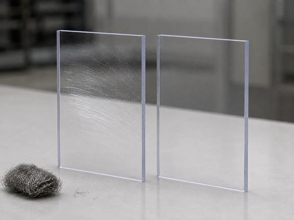 Comparaison entre un polycarbonate standard rayé et un polycarbonate anti-abrasion