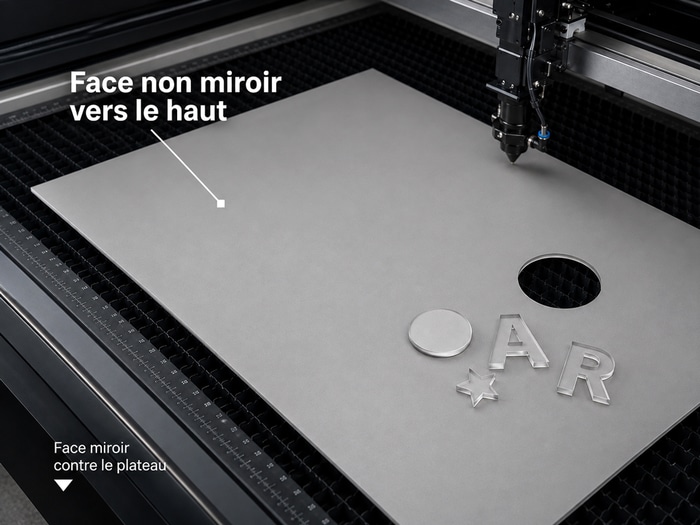 Plaque de miroir acrylique en découpe laser, posée face non miroir vers le haut