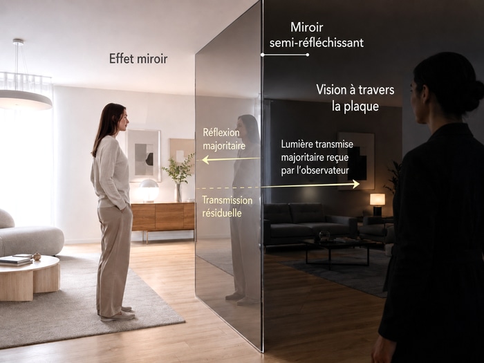 Cloison en miroir sans tain entre une pièce éclairée et une pièce sombre, montrant le différentiel de lumière