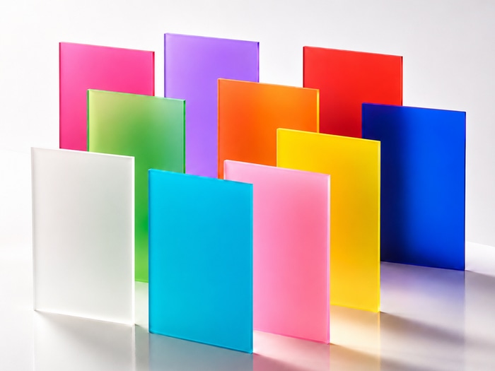 Gamme de plaques de Plexiglass satin mat dans différentes teintes, du transparent dépoli aux couleurs
