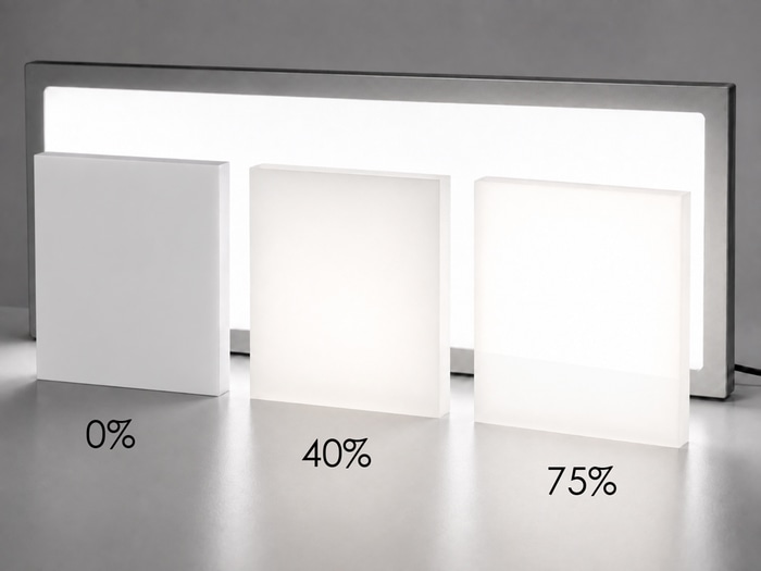 Comparatif de trois plaques de Plexiglass blanc rétroéclairées : opaque, opal et opal clair