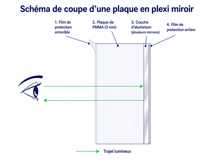 Schéma en coupe d'une plaque de Plexiglass miroir : film de protection, PMMA, couche d'aluminium, revêtement arrière