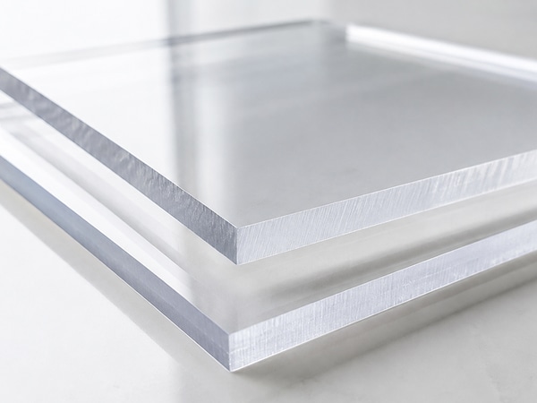 Comparaison d'un chant scié brut et d'un chant usiné CNC sur une plaque de polycarbonate transparent
