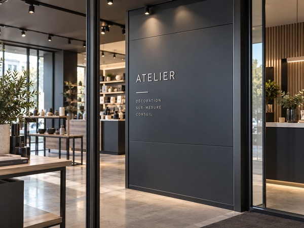 Habillage et agencement de boutique avec panneau Alu Dibond gris anthracite RAL 7016